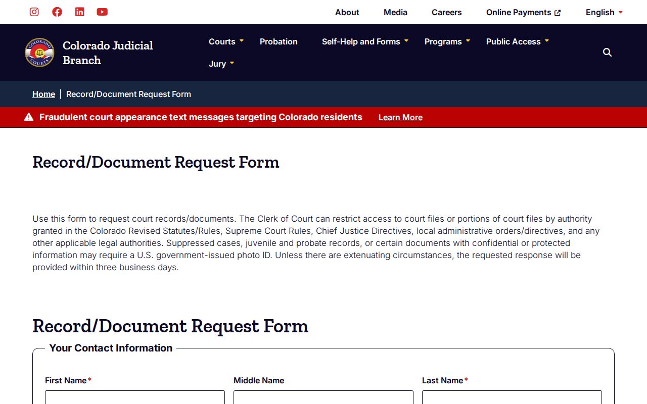 Colorado Judicial Branch court document request form for Lake County records