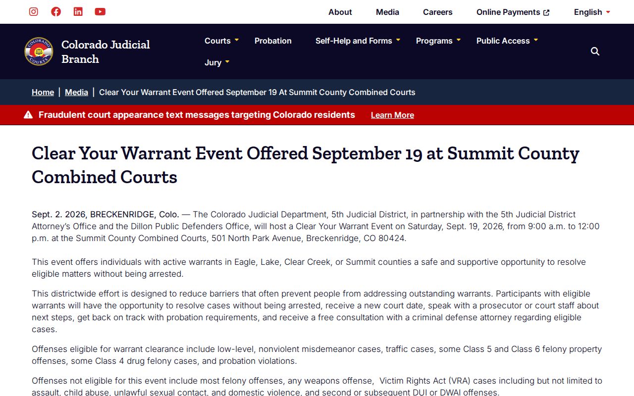 Fifth Judicial District Clear Your Warrant event notice including Lake County