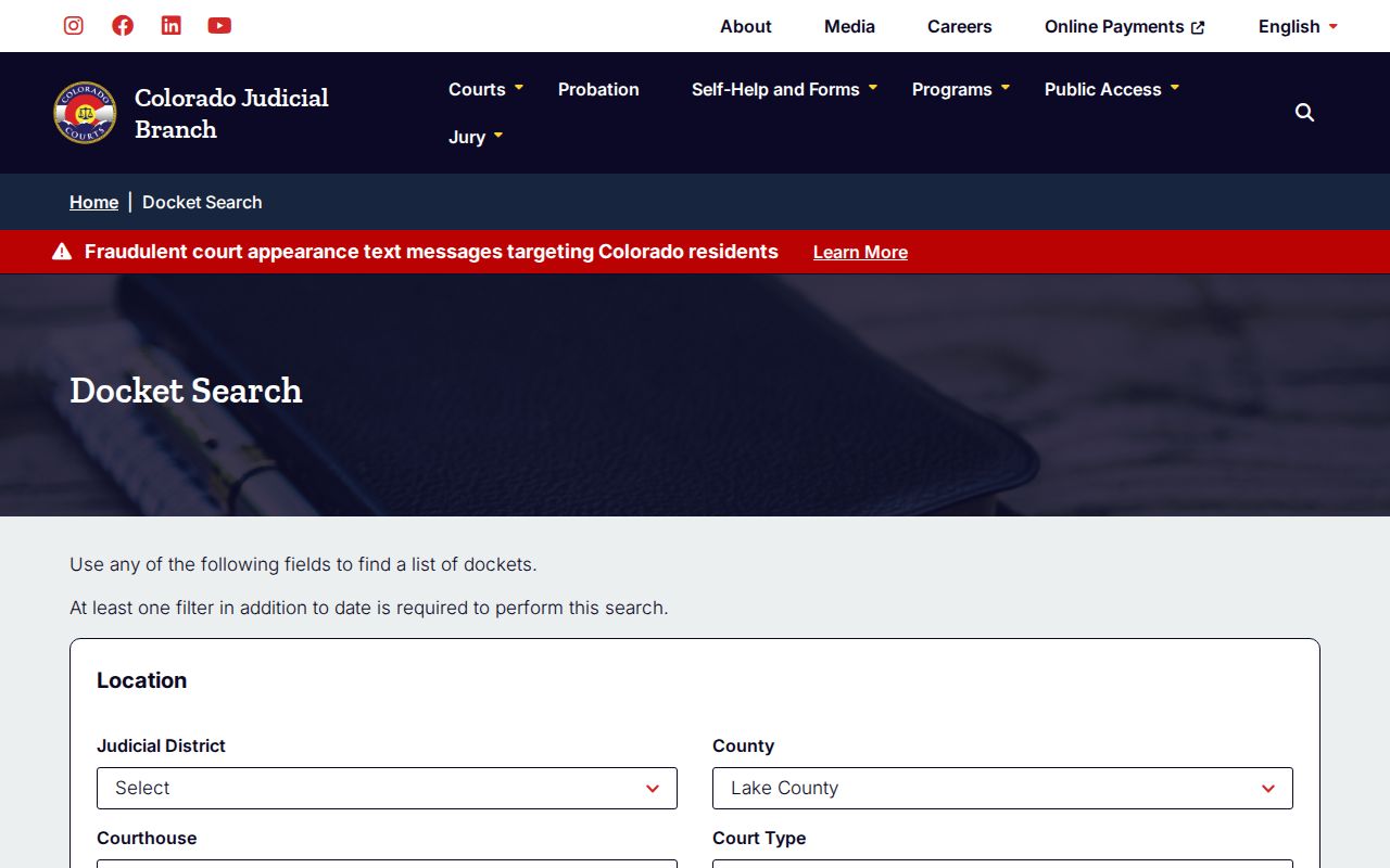 Official Lake County docket search filters and result controls